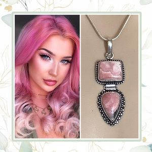 🎀 RHODOCROSITE NECKLACE TWO STONE PENDANT PINK LOVE HEALING QUARTZ BOHO GEM